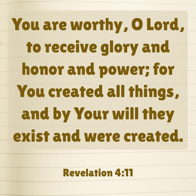 You are worthy, O Lord, to receive glory and honor and power; for You created all things, and by Your will they exist and were created. - Revelation 4:11