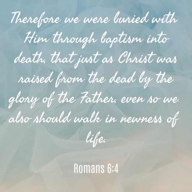 Therefore we were buried with Him through baptism into death, that just as Christ was raised from the dead by the glory of the Father, even so we also should walk in newness of life. - Romans 6:4