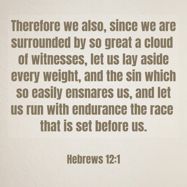 Therefore we also, since we are surrounded by so great a cloud of witnesses, let us lay aside every weight, and the sin which so easily ensnares us, and let us run with endurance the race that is set before us. - Hebrews 12:1