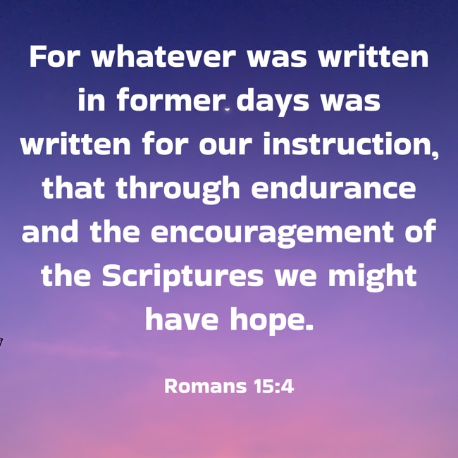 For whatever was written in former days was written for our instruction, that through endurance and the encouragement of the Scriptures we might have hope. - Romans 15:4