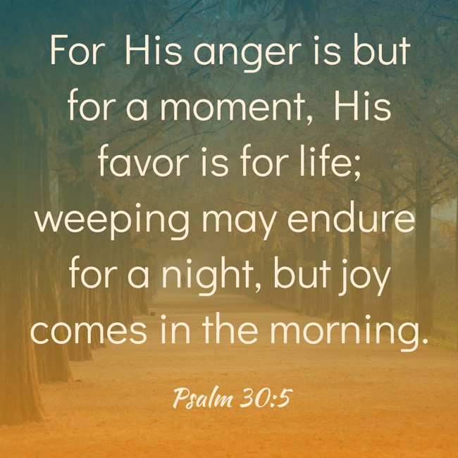  For His anger is but for a moment, His favor is for life; weeping may endure for a night, but joy comes in the morning.   - Psalm 30:5 