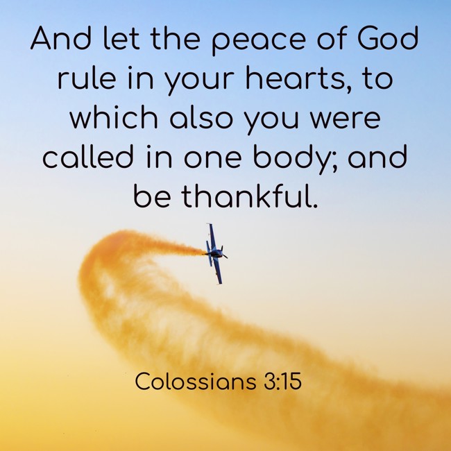  And let the peace of God rule in your hearts, to which also you were called in one body; and be thankful.   - Colossians 3:15 