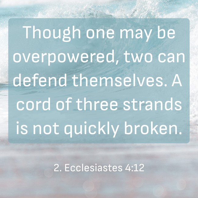 Though one may be overpowered, two can defend themselves. A cord of three strands is not quickly broken. - 2. Ecclesiastes 4:12