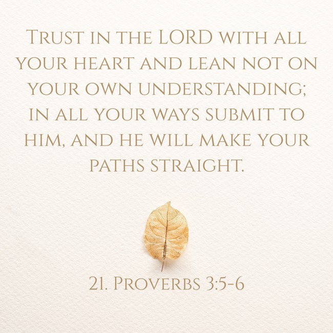Trust in the LORD with all your heart and lean not on your own understanding; in all your ways submit to him, and he will make your paths straight. - 21. Proverbs 3:5-6