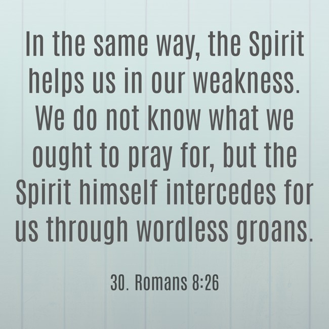 In the same way, the Spirit helps us in our weakness. We do not know what we ought to pray for, but the Spirit himself intercedes for us through wordless groans. - 30. Romans 8:26