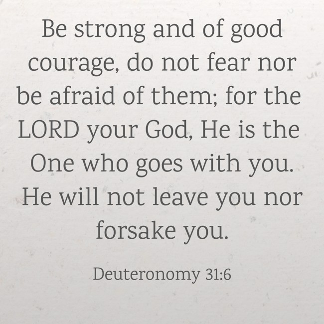 Be strong and of good courage, do not fear nor be afraid of them; for the LORD your God, He is the One who goes with you. He will not leave you nor forsake you. - Deuteronomy 31:6