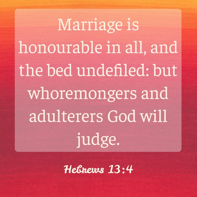 Marriage is honourable in all, and the bed undefiled: but whoremongers and adulterers God will judge.   - Hebrews 13:4 