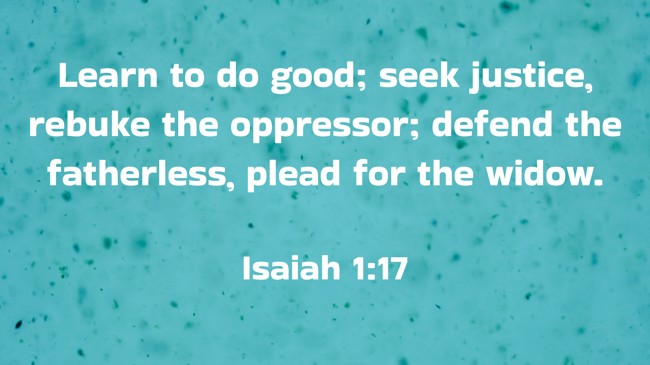  Learn to do good; seek justice, rebuke the oppressor; defend the fatherless, plead for the widow.   - Isaiah 1:17 