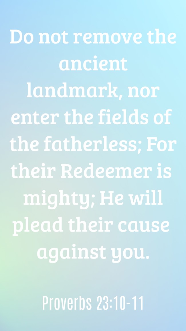  Do not remove the ancient landmark, nor enter the fields of the fatherless; For their Redeemer is mighty; He will plead their cause against you.   - Proverbs 23:10-11 