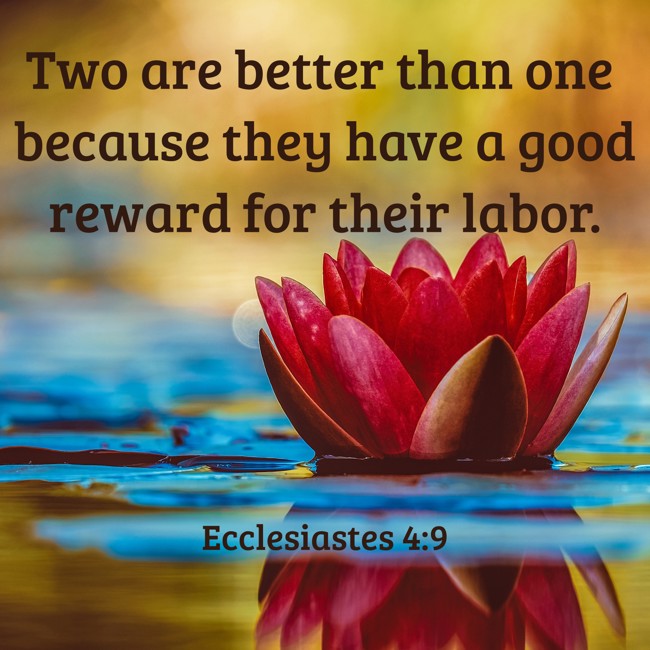  Two are better than one because they have a good reward for their labor.   - Ecclesiastes 4:9 