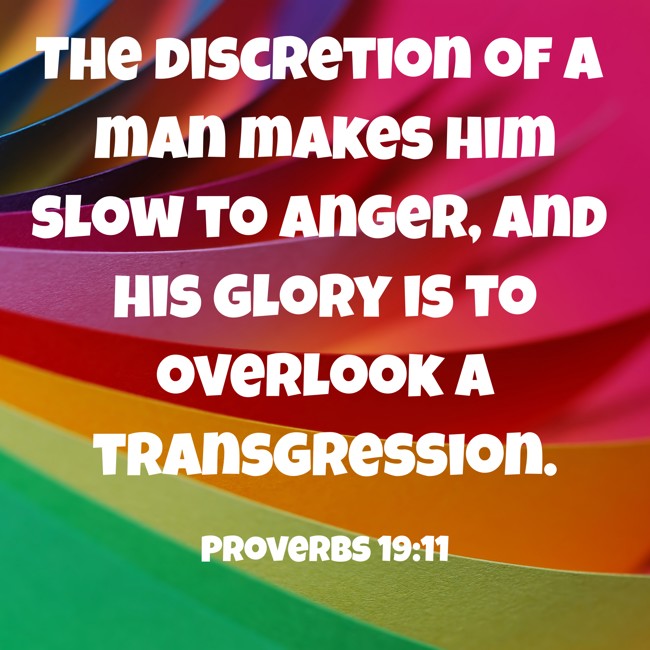The discretion of a man makes him slow to anger, and his glory is to overlook a transgression. - Proverbs 19:11