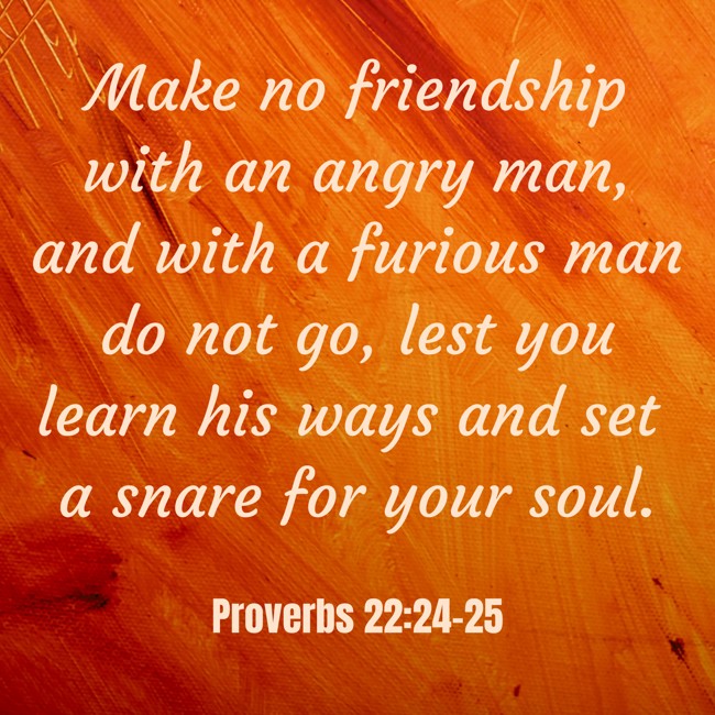 Make no friendship with an angry man, and with a furious man do not go, lest you learn his ways and set a snare for your soul. - Proverbs 22:24-25