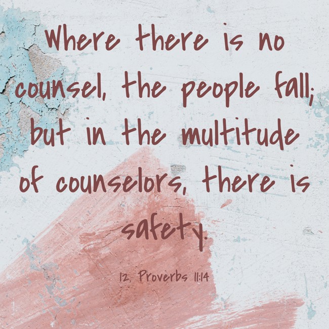  Where there is no counsel, the people fall; but in the multitude of counselors, there is safety.   - 12. Proverbs 11:14 