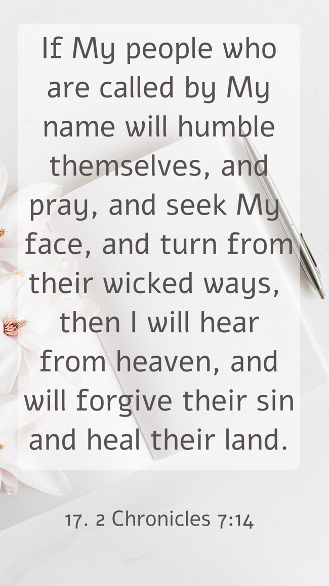  If My people who are called by My name will humble themselves, and pray, and seek My face, and turn from their wicked ways, then I will hear from heaven, and will forgive their sin and heal their land.   - 17. 2 Chronicles 7:14 