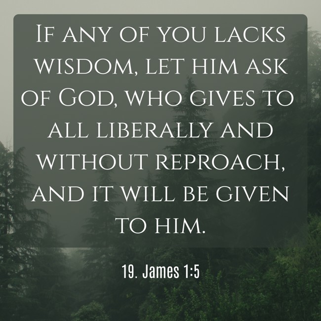  If any of you lacks wisdom, let him ask of God, who gives to all liberally and without reproach, and it will be given to him.   - 19. James 1:5 
