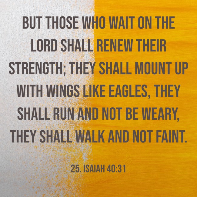  But those who wait on the LORD shall renew their strength; they shall mount up with wings like eagles, they shall run and not be weary, they shall walk and not faint.   - 25. Isaiah 40:31 