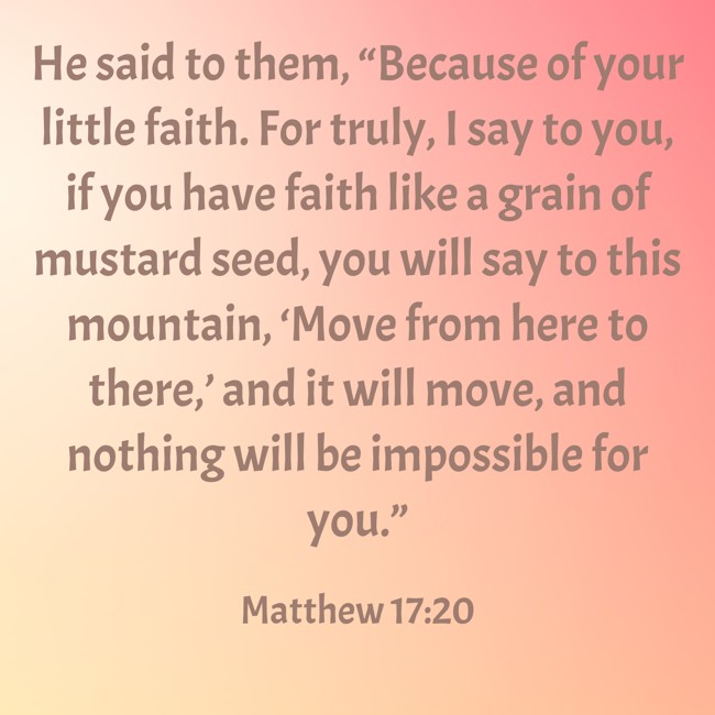 He said to them, “Because of your little faith. For truly, I say to you, if you have faith like a grain of mustard seed, you will say to this mountain, ‘Move from here to there,’ and it will move, and nothing will be impossible for you.” - Matthew 17:20
