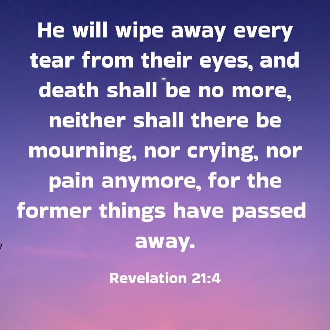 He will wipe away every tear from their eyes, and death shall be no more, neither shall there be mourning, nor crying, nor pain anymore, for the former things have passed away. - Revelation 21:4