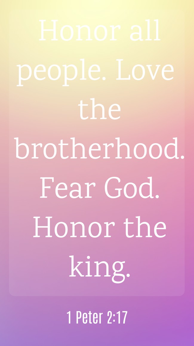 Honor all people. Love the brotherhood. Fear God. Honor the king. - 1 Peter 2:17