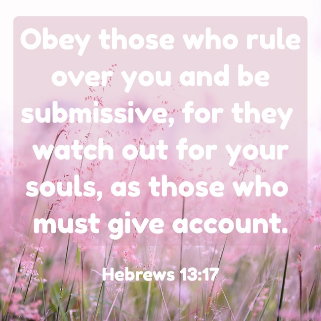 Obey those who rule over you and be submissive, for they watch out for your souls, as those who must give account. - Hebrews 13:17