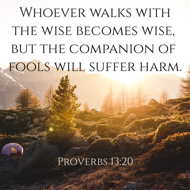 Whoever walks with the wise becomes wise, but the companion of fools will suffer harm. - Proverbs 13:20