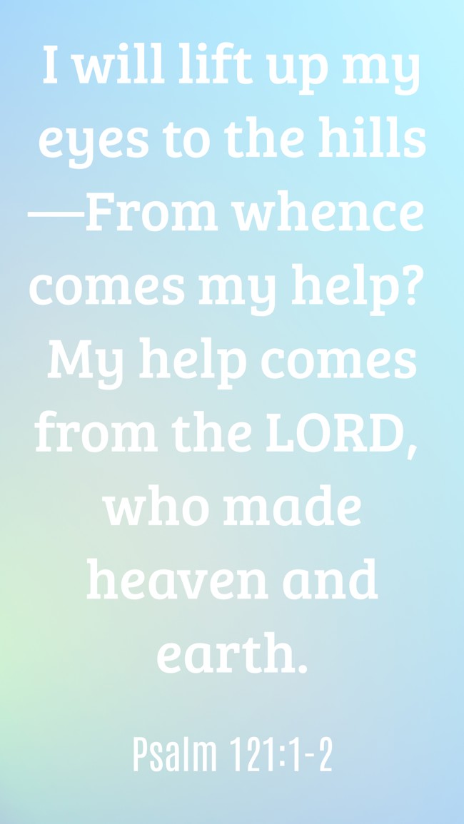 I will lift up my eyes to the hills—From whence comes my help? My help comes from the LORD, who made heaven and earth. - Psalm 121:1-2