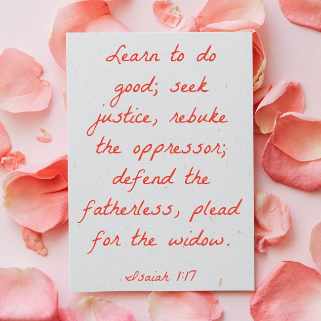 Learn to do good; seek justice, rebuke the oppressor; defend the fatherless, plead for the widow. - Isaiah 1:17