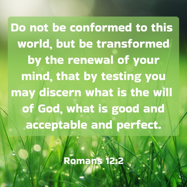 Do not be conformed to this world, but be transformed by the renewal of your mind, that by testing you may discern what is the will of God, what is good and acceptable and perfect. - Romans 12:2