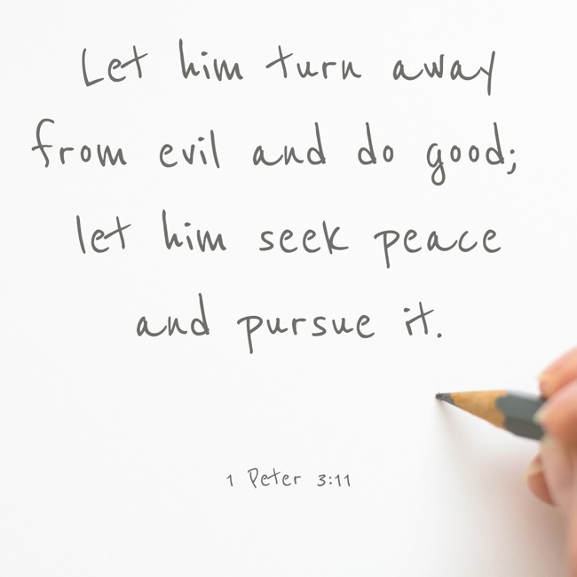 Let him turn away from evil and do good; let him seek peace and pursue it. - 1 Peter 3:11