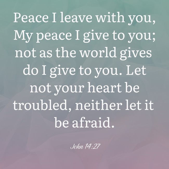 Peace I leave with you, My peace I give to you; not as the world gives do I give to you. Let not your heart be troubled, neither let it be afraid. - John 14:27