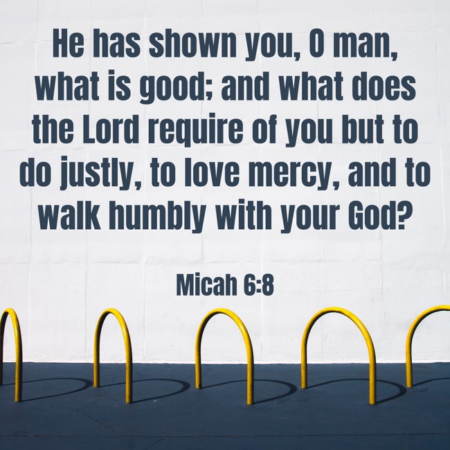 He has shown you, O man, what is good; and what does the Lord require of you but to do justly, to love mercy, and to walk humbly with your God? - Micah 6:8