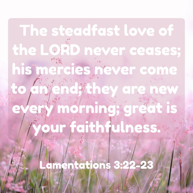 The steadfast love of the LORD never ceases; his mercies never come to an end; they are new every morning; great is your faithfulness. - Lamentations 3:22-23
