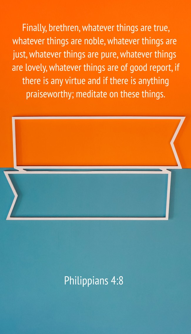 Finally, brethren, whatever things are true, whatever things are noble, whatever things are just, whatever things are pure, whatever things are lovely, whatever things are of good report, if there is any virtue and if there is anything praiseworthy; meditate on these things. - Philippians 4:8