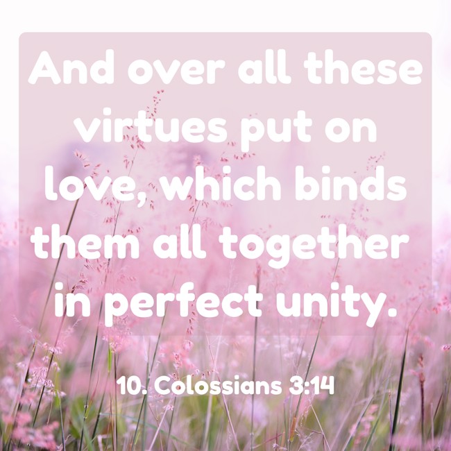 And over all these virtues put on love, which binds them all together in perfect unity. - 10. Colossians 3:14
