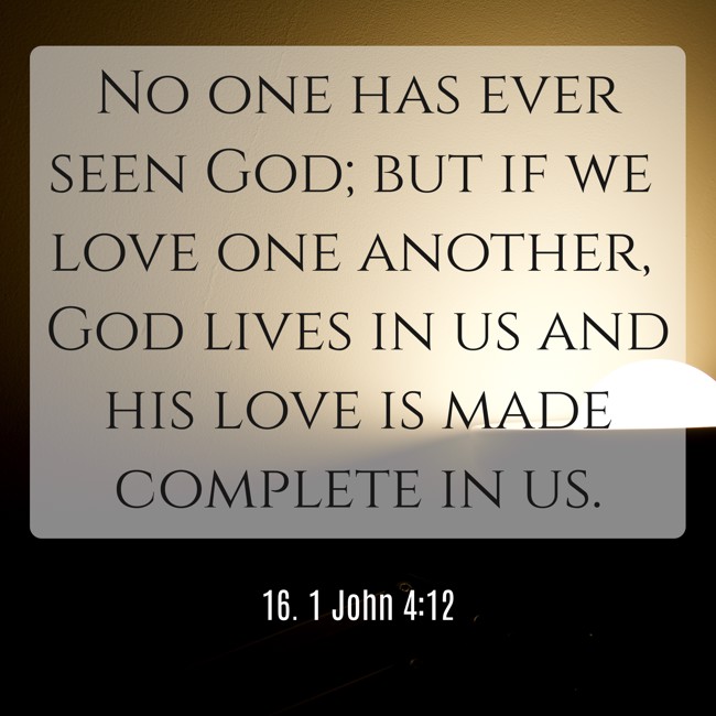 No one has ever seen God; but if we love one another, God lives in us and his love is made complete in us. - 16. 1 John 4:12