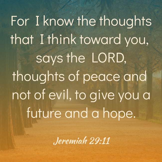 For I know the thoughts that I think toward you, says the LORD, thoughts of peace and not of evil, to give you a future and a hope. - Jeremiah 29:11
