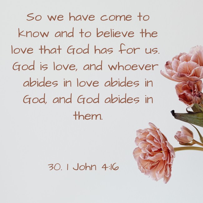 So we have come to know and to believe the love that God has for us. God is love, and whoever abides in love abides in God, and God abides in them. - 30. 1 John 4:16