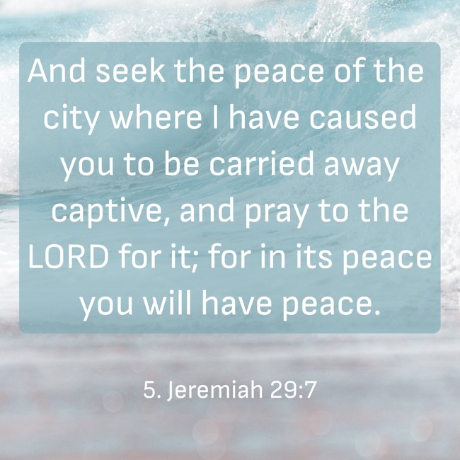 And seek the peace of the city where I have caused you to be carried away captive, and pray to the LORD for it; for in its peace you will have peace. - 5. Jeremiah 29:7