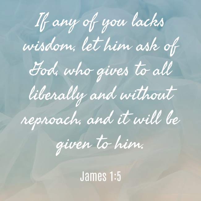 If any of you lacks wisdom, let him ask of God, who gives to all liberally and without reproach, and it will be given to him. - James 1:5