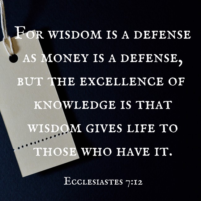 For wisdom is a defense as money is a defense, but the excellence of knowledge is that wisdom gives life to those who have it. - Ecclesiastes 7:12