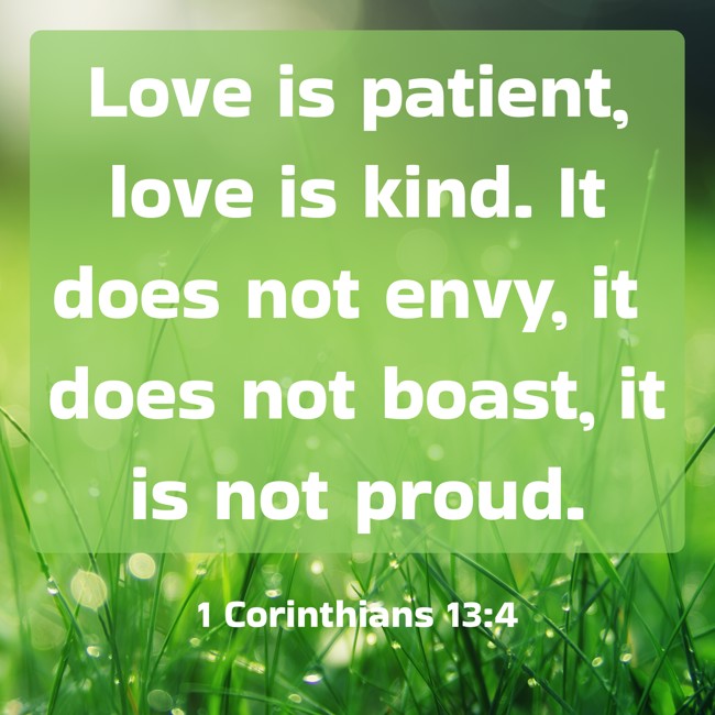 Love is patient, love is kind. It does not envy, it does not boast, it is not proud. - 1 Corinthians 13:4