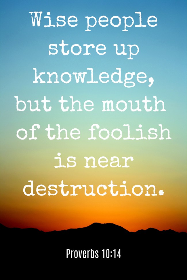 Wise people store up knowledge, but the mouth of the foolish is near destruction. - Proverbs 10:14