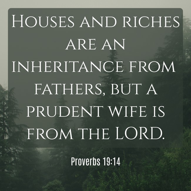 Houses and riches are an inheritance from fathers, but a prudent wife is from the LORD. - Proverbs 19:14