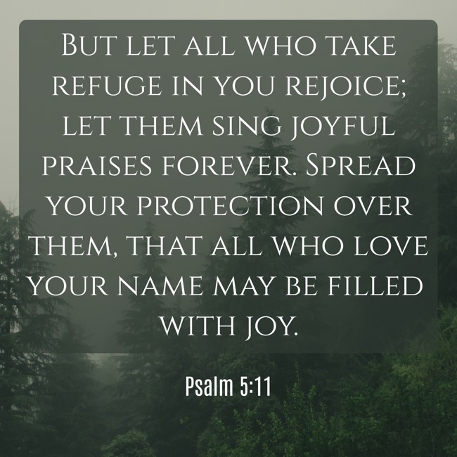 But let all who take refuge in you rejoice; let them sing joyful praises forever. Spread your protection over them, that all who love your name may be filled with joy. - Psalm 5:11