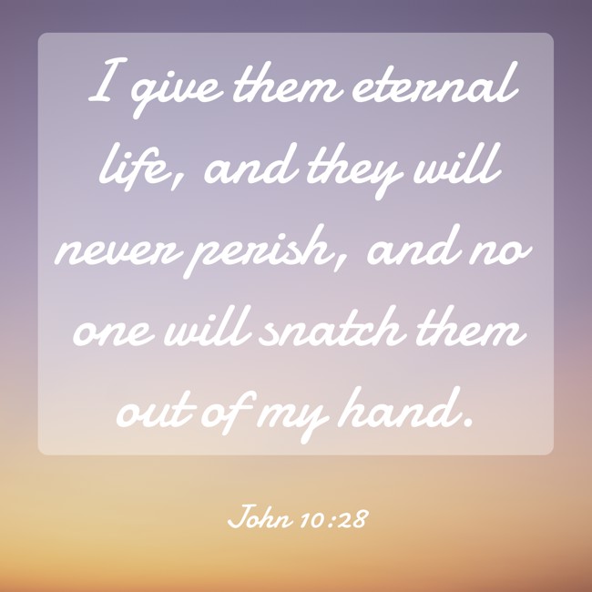 I give them eternal life, and they will never perish, and no one will snatch them out of my hand. - John 10:28