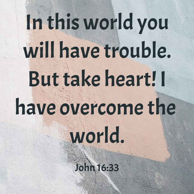 In this world you will have trouble. But take heart! I have overcome the world. - John 16:33