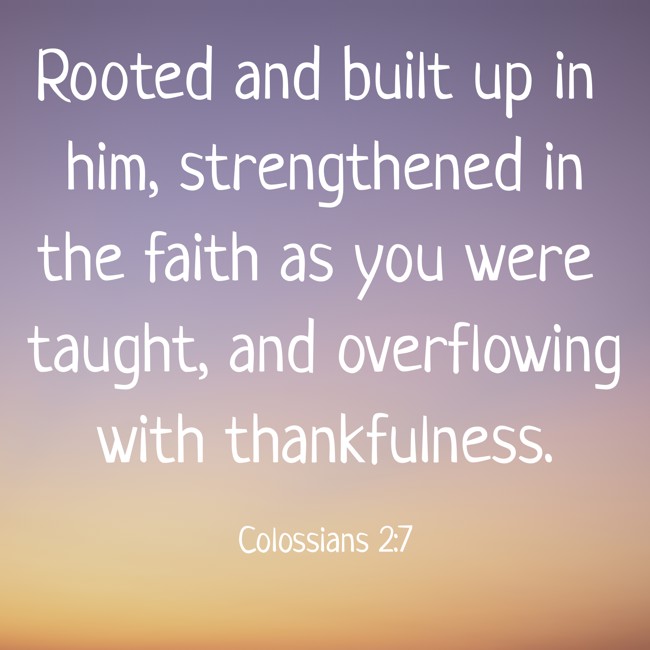 Rooted and built up in him, strengthened in the faith as you were taught, and overflowing with thankfulness. - Colossians 2:7