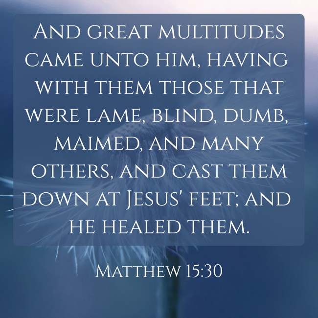 And great multitudes came unto him, having with them those that were lame, blind, dumb, maimed, and many others, and cast them down at Jesus' feet; and he healed them. - Matthew 15:30