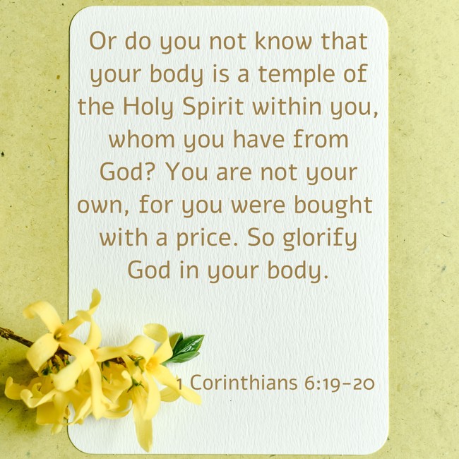 Or do you not know that your body is a temple of the Holy Spirit within you, whom you have from God? You are not your own, for you were bought with a price. So glorify God in your body. - 1 Corinthians 6:19-20