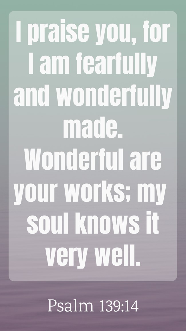 I praise you, for I am fearfully and wonderfully made. Wonderful are your works; my soul knows it very well. - Psalm 139:14